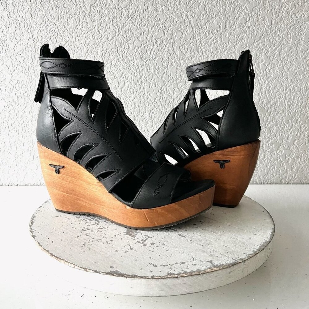 NEW Lane Boots BECCA Womens Black Wedges Western Sandals Cowgirl Woodn Heel 8.5